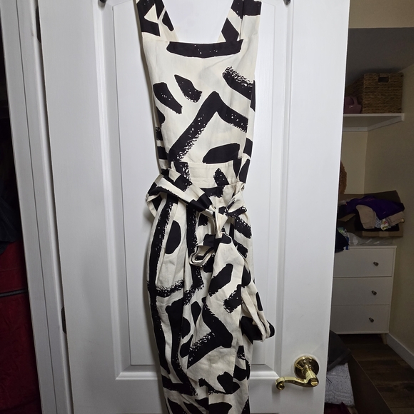 WHIT B&W Abstract Print Midi Dress XS Linen Silk Tie Waist Tulip Skirt BeachBoho - Picture 2 of 14